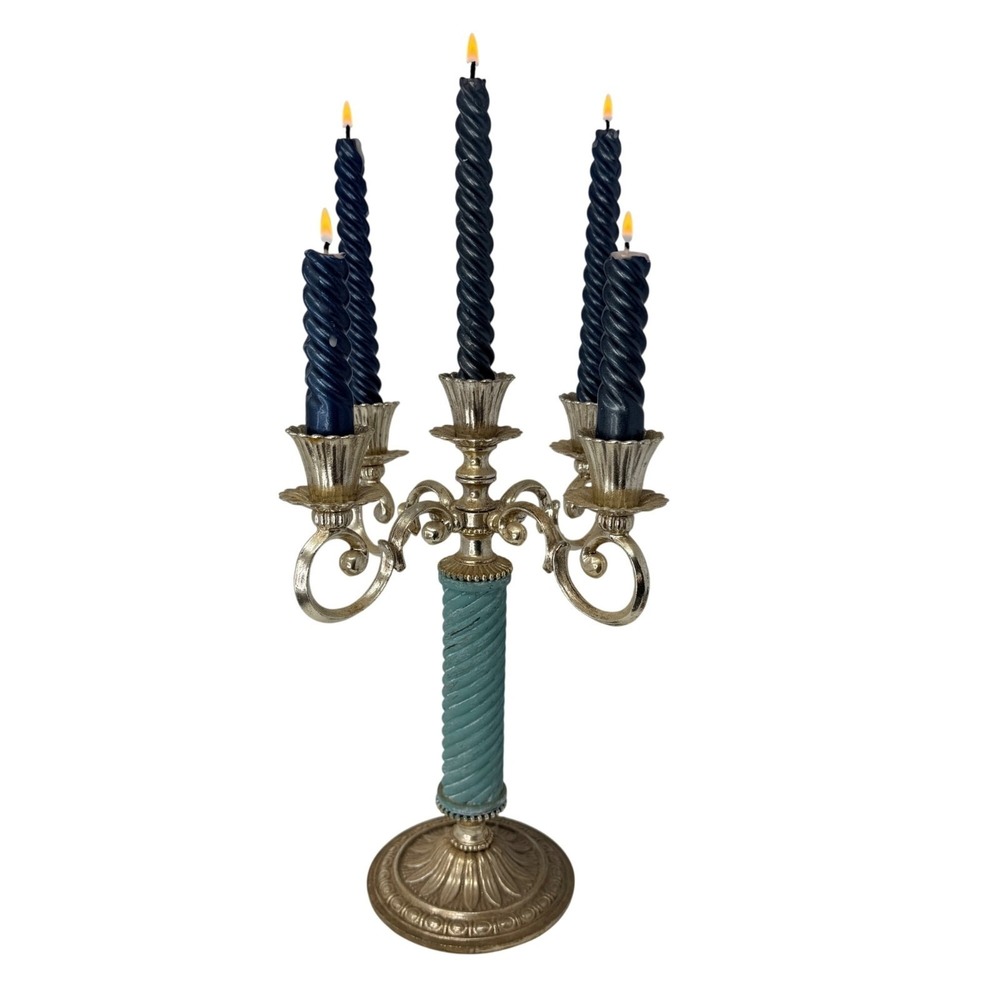 Vintage Hollywood Regency 5 Arm Candelabra Turquoise Column Candle Holder